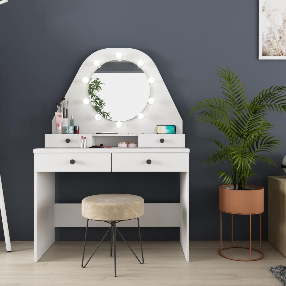 Toeletta da trucco con specchio a luci a led con doppio ripiano e 4 cassetti bianco