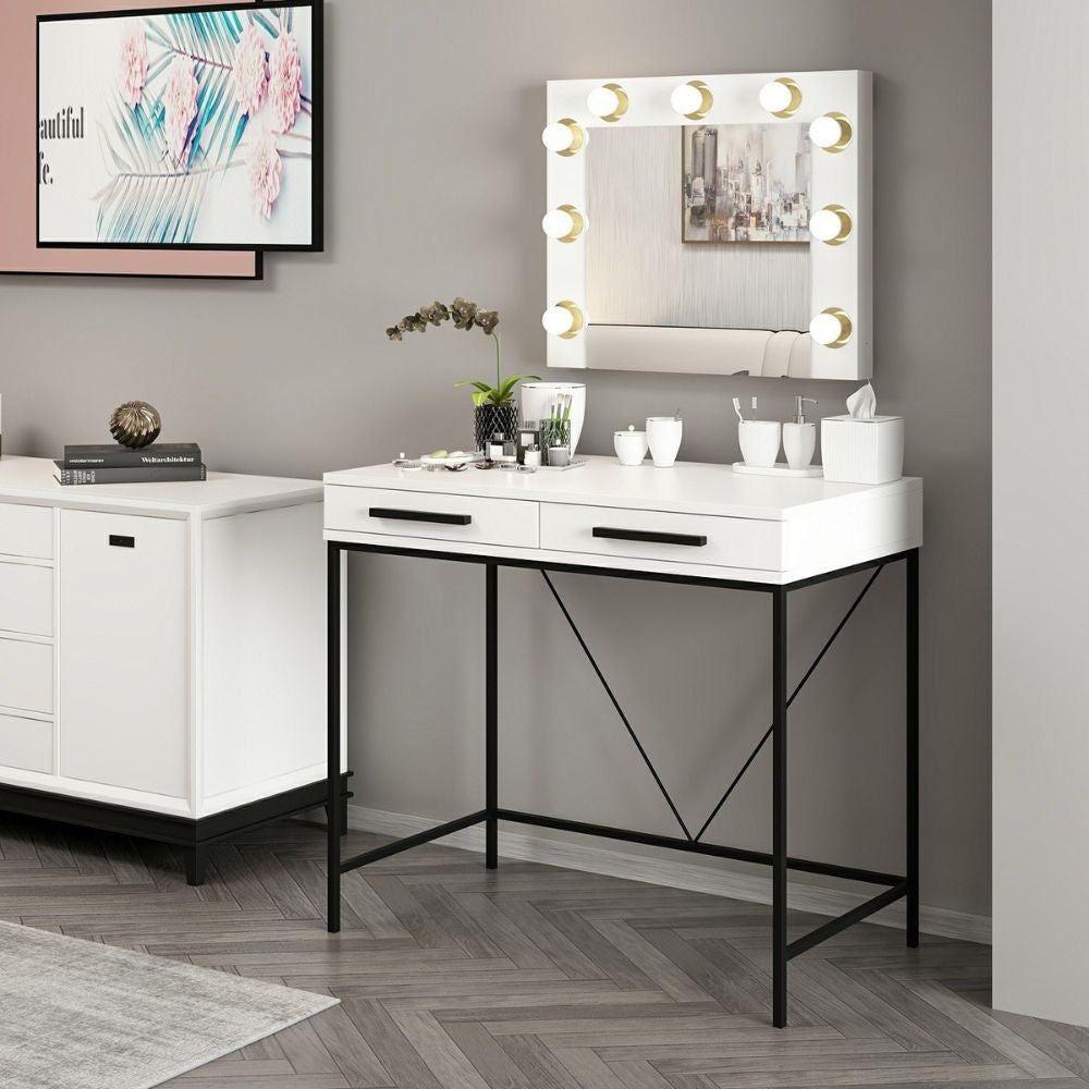 Toeletta da trucco Sane con 2 cassetti bianco con piedi neri e specchio con luci LED lampadine escluse