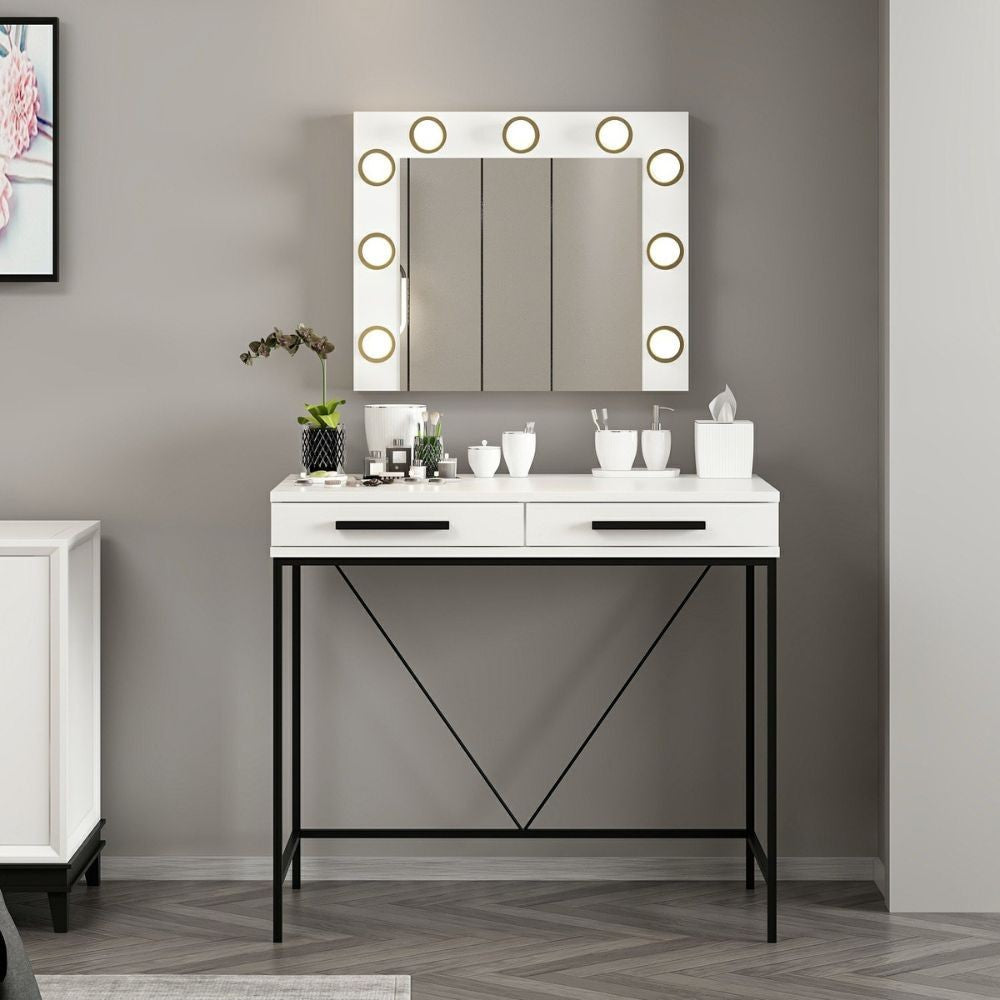 Toeletta da trucco Sane con 2 cassetti bianco con piedi neri e specchio con luci LED lampadine escluse